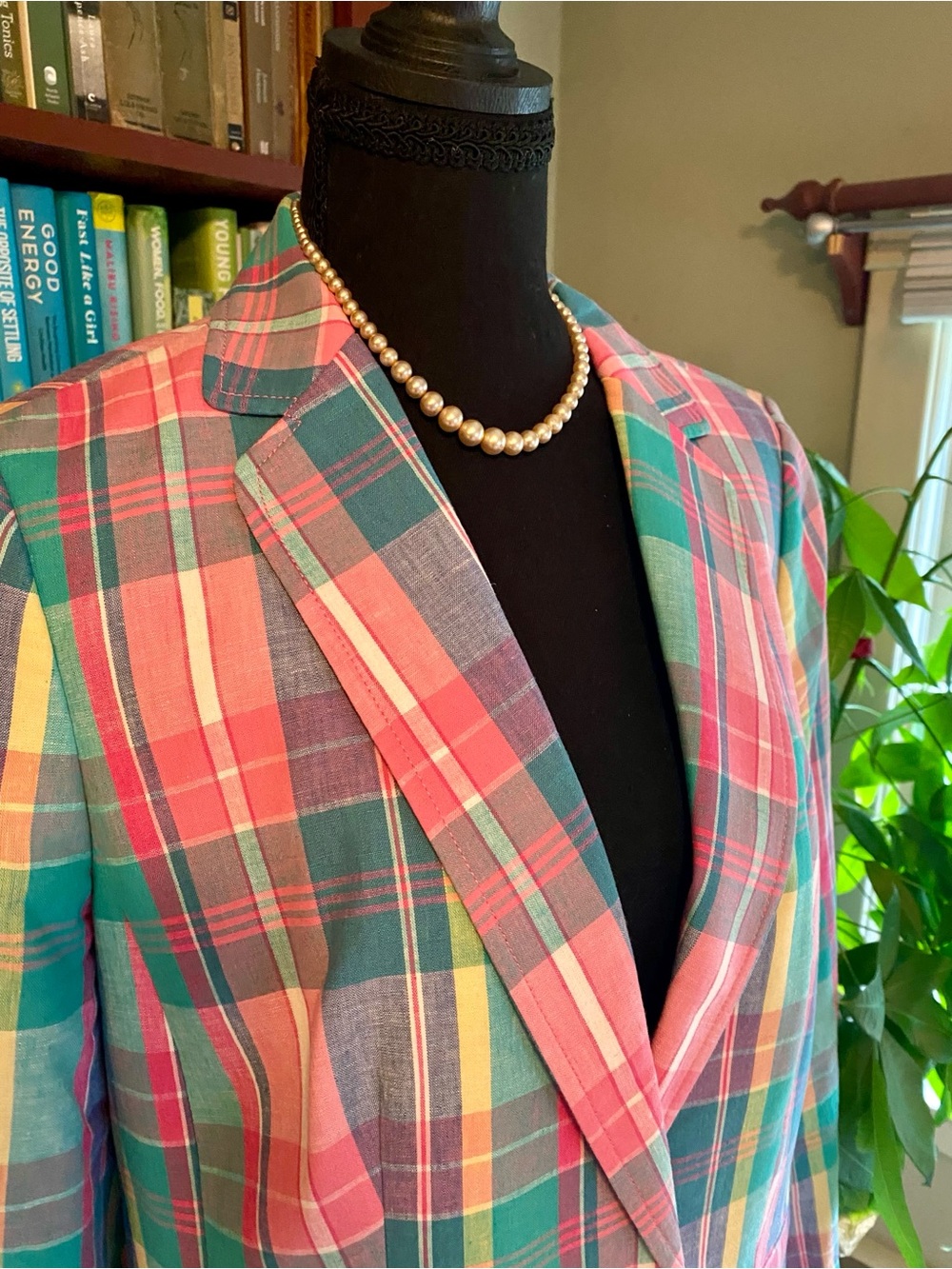 Talbots Linen Cotton Blend Pastel Plaid Blazer in Pink and Green